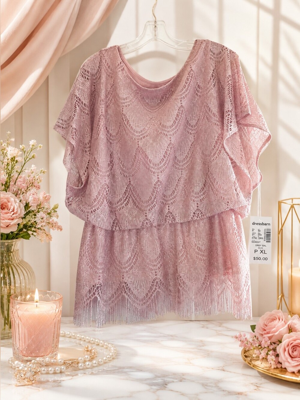 ✨ Dressbarn Pink Crochet Lace Overlay Dress – Plus Size XL – NWT